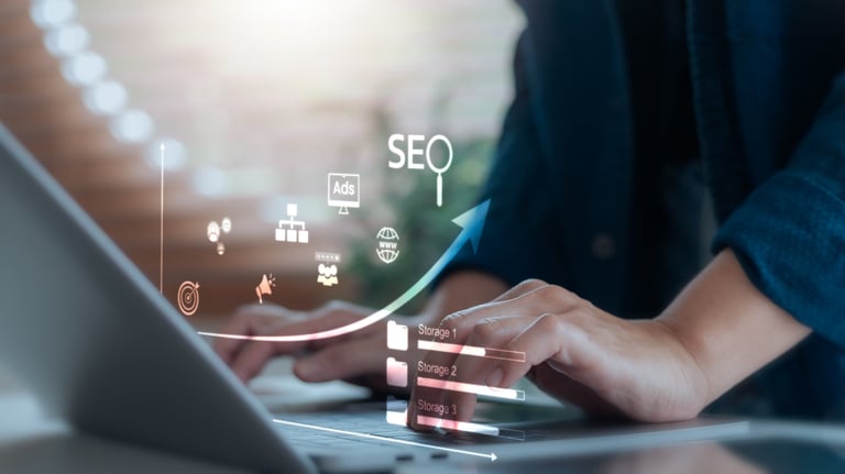 SEO optimization dashboard showing website ranking improvements and analytics